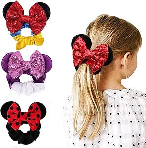 4 Pcs Mouse Ears Velvet Scrunchies Sequin Bows Hair Bands