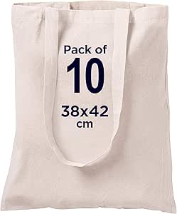 Natural Cotton 10 pack 15 X 16 inch reusable grocery bags, 5.5 oz cotton canvas tote, eco friendly super strong washable great choice for promotion branding and gift