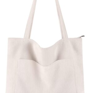 Tote Bag for Women Large Shoulder Bag with Zipper and Pockets for College School Work Travel Shopping-Beige